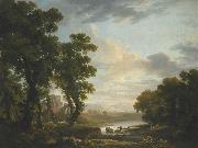 George Barret An extensive wooded river landscape with shepherds recicling in the foreground and ruins beyond USA oil painting artist